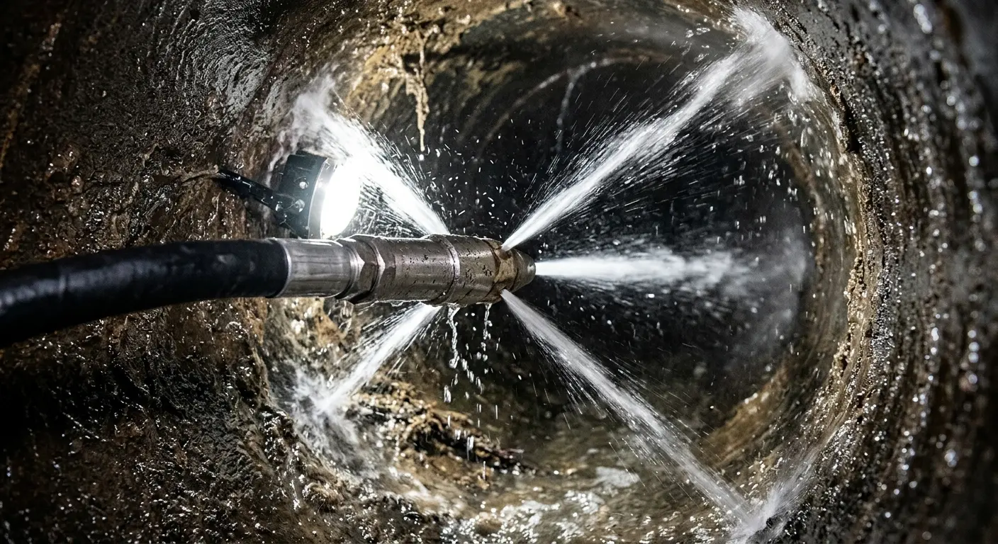 High-pressure hydro jetting nozzle cleaning sewer pipe for Trenchless Sewer Repair in Estes Park