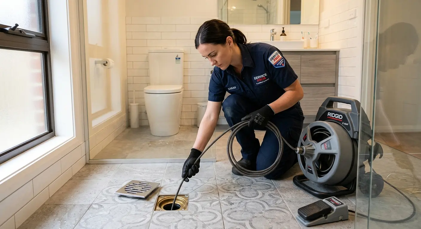 Technician clearing a bathroom floor drain for Drain Cleaning in Estes Park